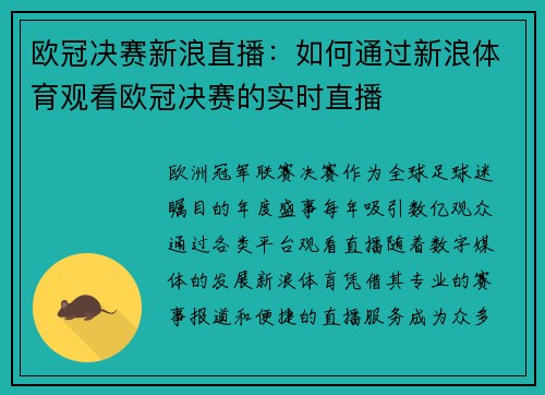 欧冠决赛新浪直播：如何通过新浪体育观看欧冠决赛的实时直播